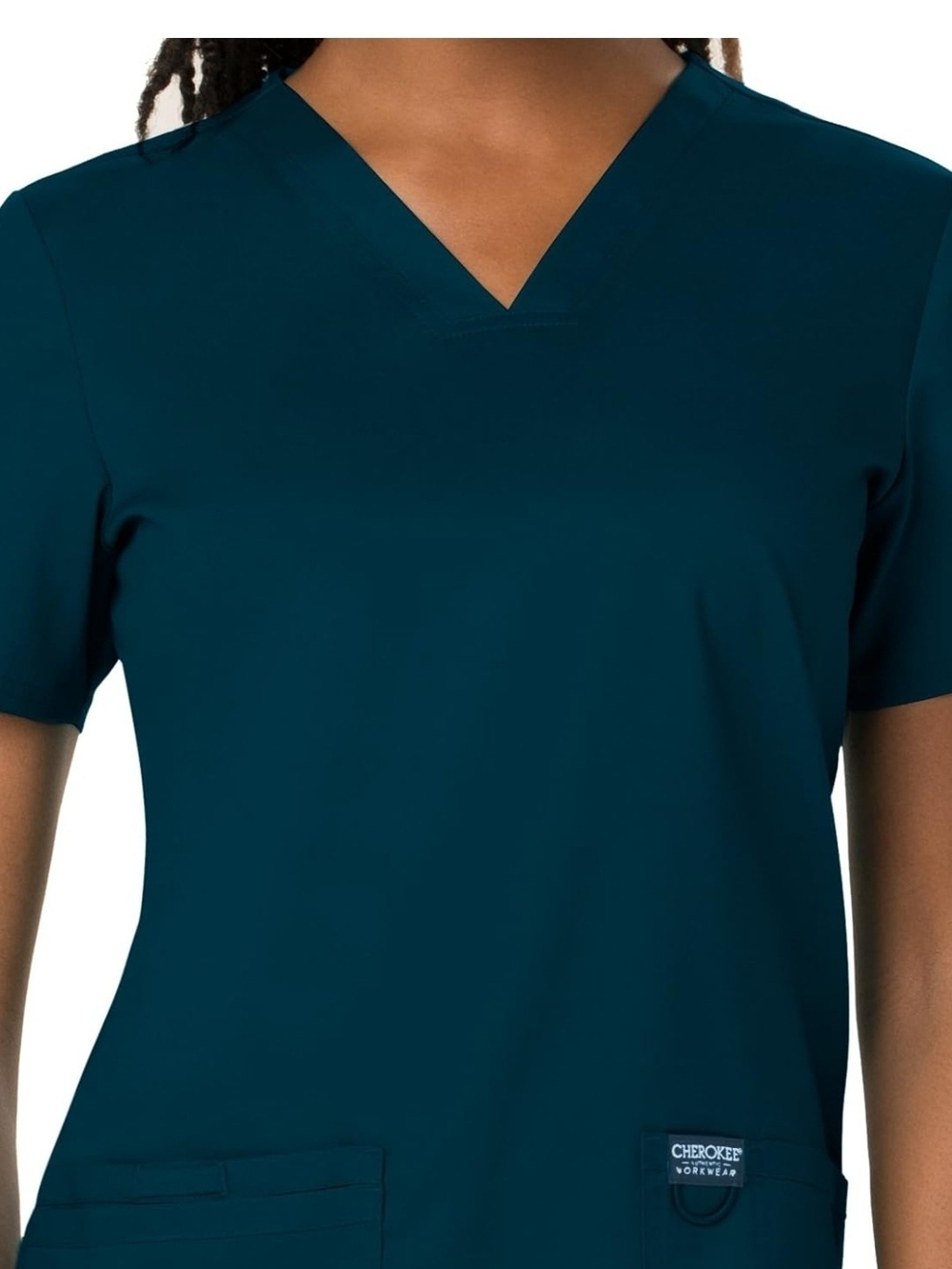 Cloaet Clearance!! Cherokee Teal V-Neck Short Sleeve Scrub Top- Carribean Blue - Picture 3 of 9